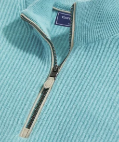 Quarter-Zips<Vineyard Vines Cashmere Fisherman Rib Quarter-Zip Sweater Aqua Ocean