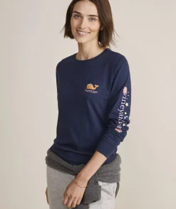 Tees<Vineyard Vines Christmas Icons Whale Long-Sleeve Pocket Tee White Cap