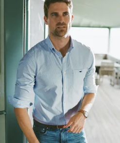 Mens|Tees<Vineyard Vines Graphic Waves Long-Sleeve Dunes Tee Mallard Blue Heather