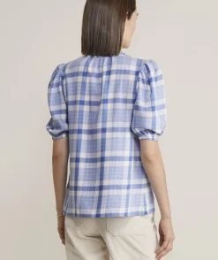Shirts & Tops<Vineyard Vines Ruffle Neck Puff-Sleeve Top DW Plaid- Calm Water