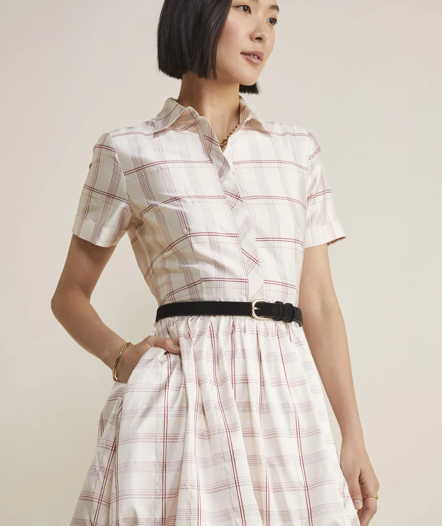 Dresses & Skirts<Vineyard Vines Silk Dupioni Bubble Shirtdress MF Plaid - Marsh-Red