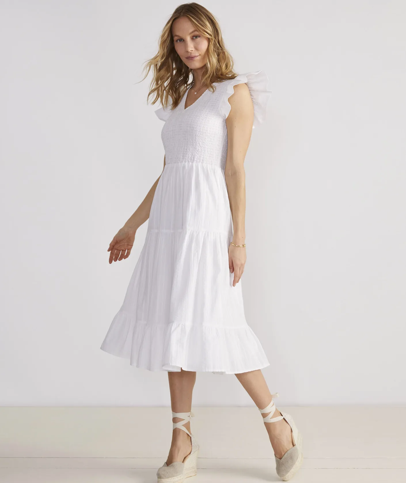 Dresses & Skirts<Vineyard Vines Smocked V-Neck Midi Dress White Cap