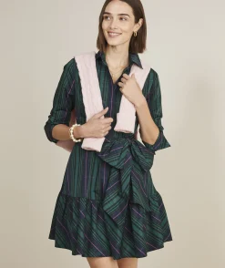 Dresses & Skirts<Vineyard Vines Taffeta Tie-Waist Blackwatch Shirtdress Blackwatch Pink Pop