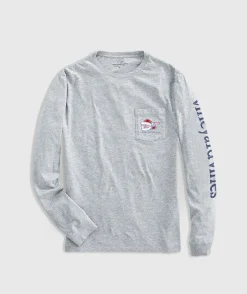 Tees<Vineyard Vines Watercolor Santa Whale Long-Sleeve Pocket Tee Grey Heather