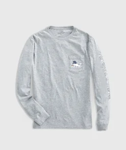 Tees<Vineyard Vines Watercolor Snowman Whale Long-Sleeve Pocket Tee Grey Heather